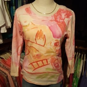MARSHALL FIELD'S ♡ Gorgeous  Multi Pink Coral 'n Green Sequin Floral Top L (S/M)